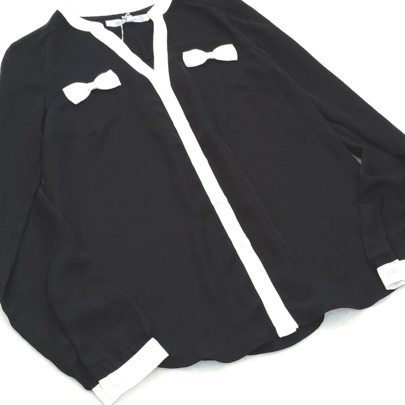 NWT Lauren Conrad Black Semi Sheer Long Sleeve Blouse with 2 Delicate Bows - Picture 2 of 7